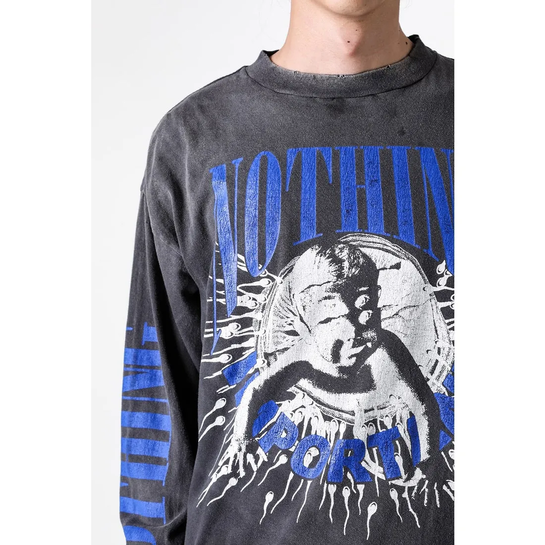 SAINT Mxxxxxx × Kosuke Kawamura's latest joint model KK_LS TEE/NOTHING IMP/BLK Holy Infant tadpole distressed long sleeves, wash black S-XL, original consistent wash mark/angel mark, original factory grade crack print, distressed mottled effect, heavy wash water, water spray fading, fade repositioning, pure handmade complex grinding and hanging